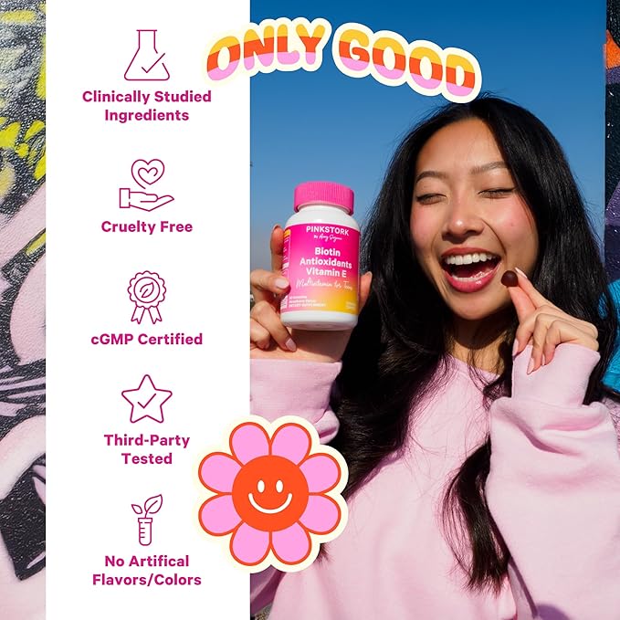 Pink Stork Biotin, Antioxidants, Vitamin E Multivitamin for Teens - Clinically Studied Vitamins + Nutrients for Teens - Beautiful Hair, Radiant Skin, Strong Nails, + Immune Support - 60 Berry Gummies