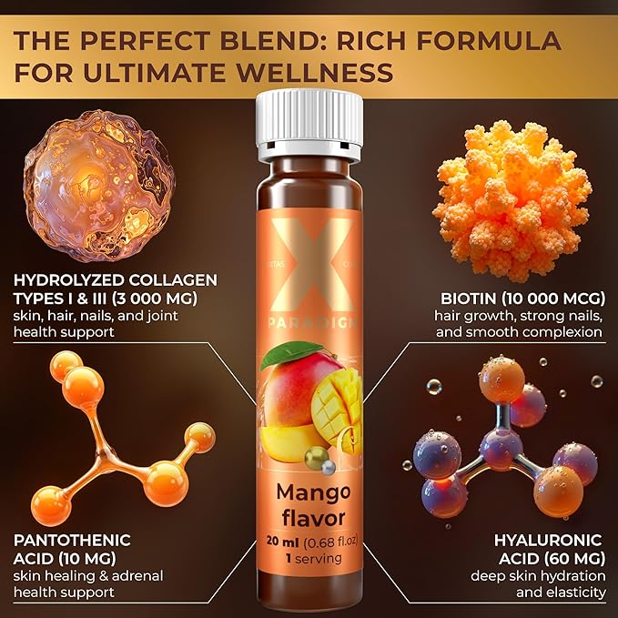 Liquid Collagen Peptides with Biotin & Hyaluronic Acid - 3000mg Hydrolyzed Collagen Type 1 and 3, Biotin 10000mcg, Vitamins B5, B6, C & E - Liquid Collagen for Women and Men, Collagen Shots