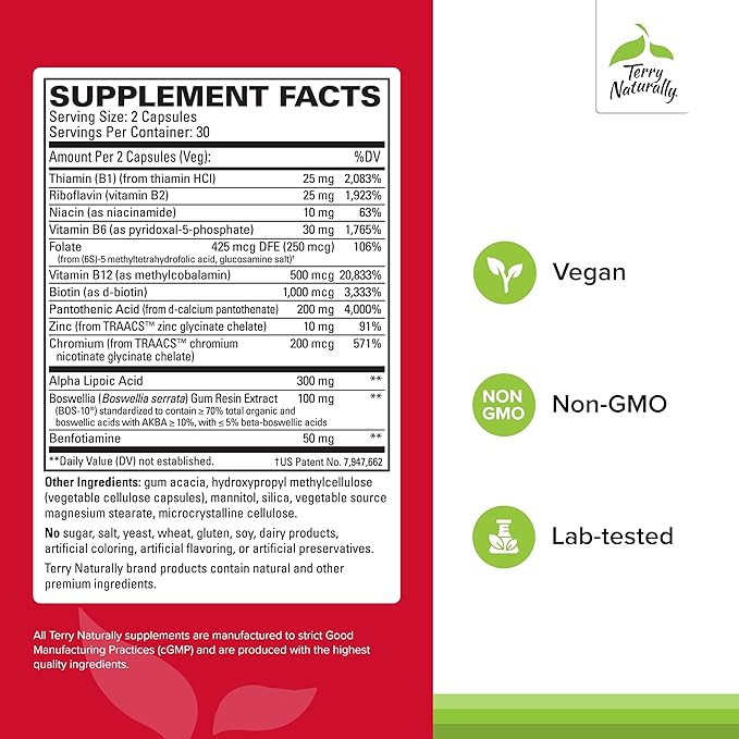 Terry Naturally Healthy Feet & Nerves - Herbal Supplement with Bioactive Vitamin B12 - Circulation & Nerve Health Support Supplement - Vegan Capsules with Boswellia Serrata - 60 Capsules