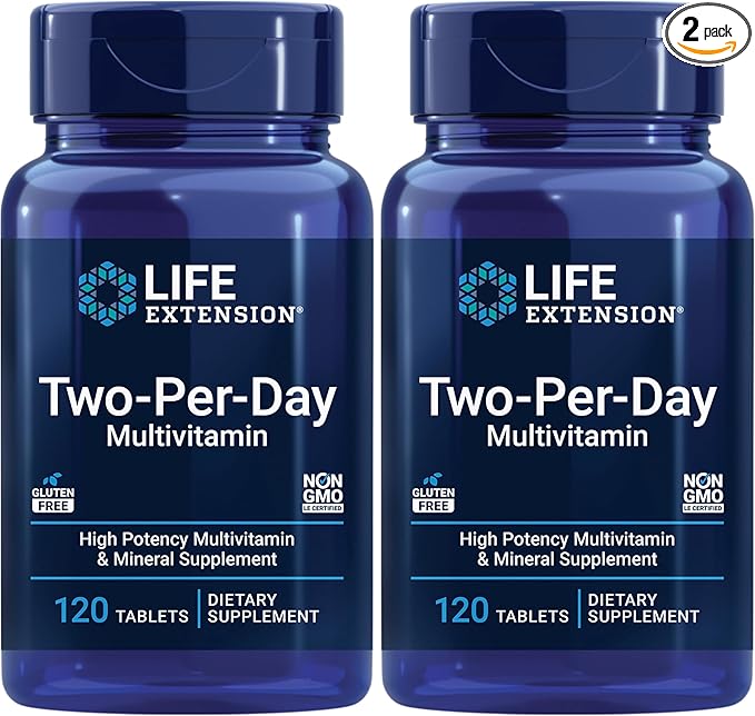 Life Extension Two-Per-Day High Potency Multi-Vitamin & Mineral Supplement - Vitamins, Minerals, Plant Extracts, Quercetin, 5-MTHF Folate & More - Gluten-Free - Non-GMO - 120 Tablets (Pack of 2)