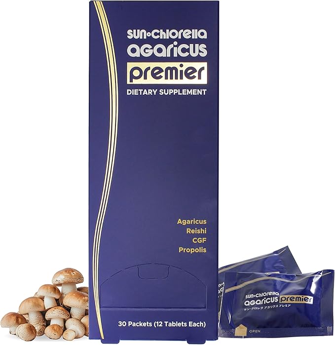 Sun Chlorella Agaricus Premier 4-in-1 Immunity & Vitality Supplement - Agaricus & Reishi Mushroom Complex with Chlorella Growth Factor & Propolis Extract Adaptogens & Mushrooms Superfood - 30 Servings