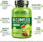 NATURELO Vitamin B Complex,120 Capsules, Vegan, CoQ10, Methyl Folate, Biotin, Fruit & Veg Blend, Supports Energy and Healthy Stress Response, Super B Complex Vitamins for Women and Men