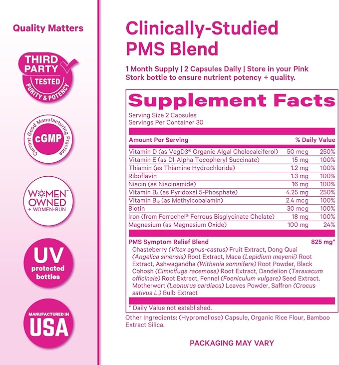 Pink Stork PMS Supplement for Women - Vitex, Ashwagandha, Maca Root & 10 Vitamins & Minerals to Support Hormone Balance, Mood, Bloating, Period Regularity - 60 Capsules