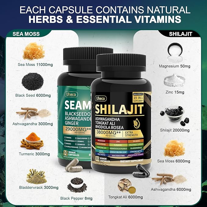 Shilajit and Sea Moss Vitality Bundle, Sea Moss 11000 mg, Shilajit 20000 mg, Black Seed, Ashwagandha, Turmeric, Bladderwrack, Burdock, Tongkat Ali, All in 1 Mineral Supplements