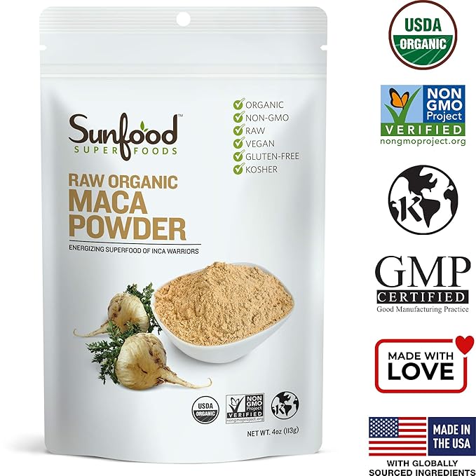 Sunfood Organic Maca Powder - Maca Root Powder, Maca Powder Organic, Maca Supplement for Men & Women with Adaptogens, Peruvian, Raw, Vegan, Premium Maca Powder - 4 Oz Bag