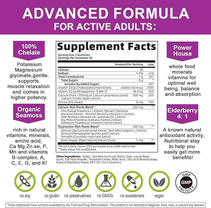Plant Based Calcium Supplement with Vitamin D3,K2 Gummy for Bone Strength, Contains Whole Food Natural Minerals-Bone Health, Calm Mood & Sleep Support for Women & Men (2 Pack)