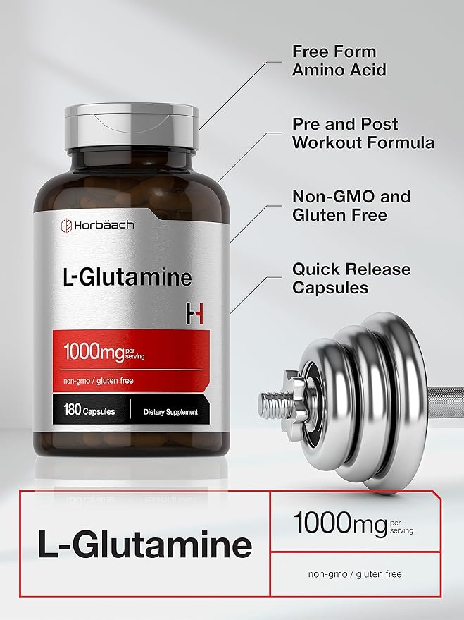 Horbaach L Glutamine Capsules 1000mg | 180 Powder Pills | Supplement for Women and Men | Pre Workout & Post Workout | Non-GMO & Gluten Free