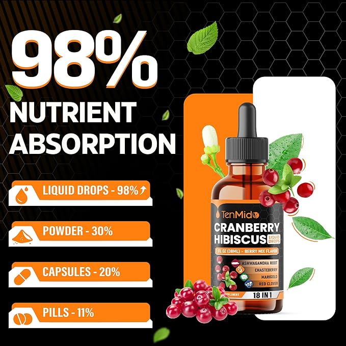 Cranberry Extract Liquid for Women - 18in1 with D-Mannose & Probiotics, Hibiscus, Chasteberry, Ashwagandha, Marigold, Red Clover, Dong Quai and More - 1 Fl Oz