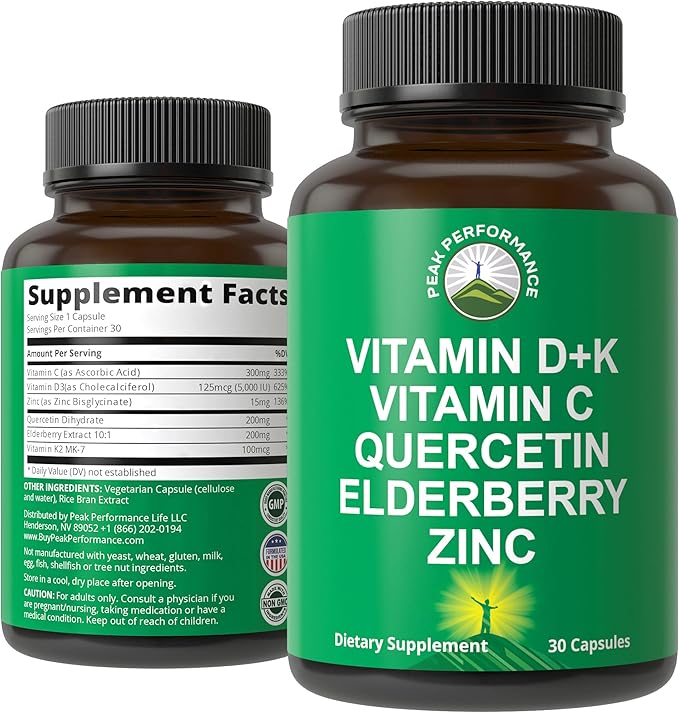Peak Performance Immune Support Supplement - 6 Top Ingredients Vitamin D3 K2, Vitamin C, Elderberry, Zinc, Quercetin - Includes 5000 IU Vitamin D - Immunity Capsules - Supplements for Women and Men