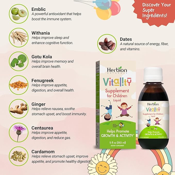 HERBION Naturals Vitality Supplement for Children, Promotes Growth and Appetite, Relieves Fatigue, Improves Mental & Physical Performance, for Kids 1 Year & Above (Pack of 24)