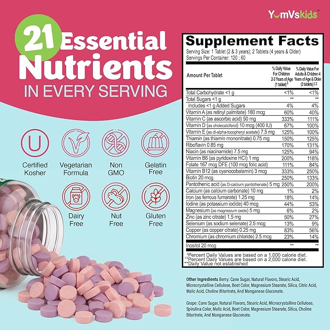 YumVs Kids Multivitamin with Iron & Minerals Chewable Tablets – Grape & Berry Flavor Vitamins for Toddlers & Children Age 2+ – Daily Multivitamin for Immune Support – Kosher, Non-GMO – 120 Chewables