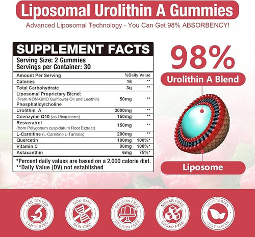 2 Pack Liposomal 3000mg Urolithin A Gummies Complex CoQ10, Resveratrol, L-Carnitine, Quercetin, Astaxanthin | 7-in-1 Mitochondrial Support Supplement for Cellular Support, Vitality & Wellness Aging