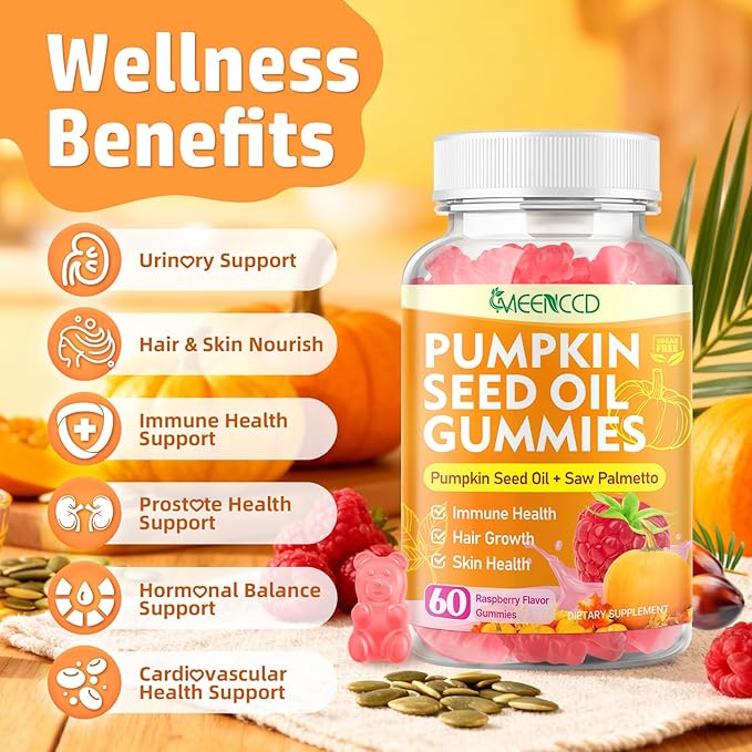 Pumpkin Seed Oil Gummies with Saw Palmetto, Pumpkin Seed Oil for Hair and Skin Health, Pumpkin Seed Extract for Women Men, Sugar-Free, Raspberry Flavor, 60 Count