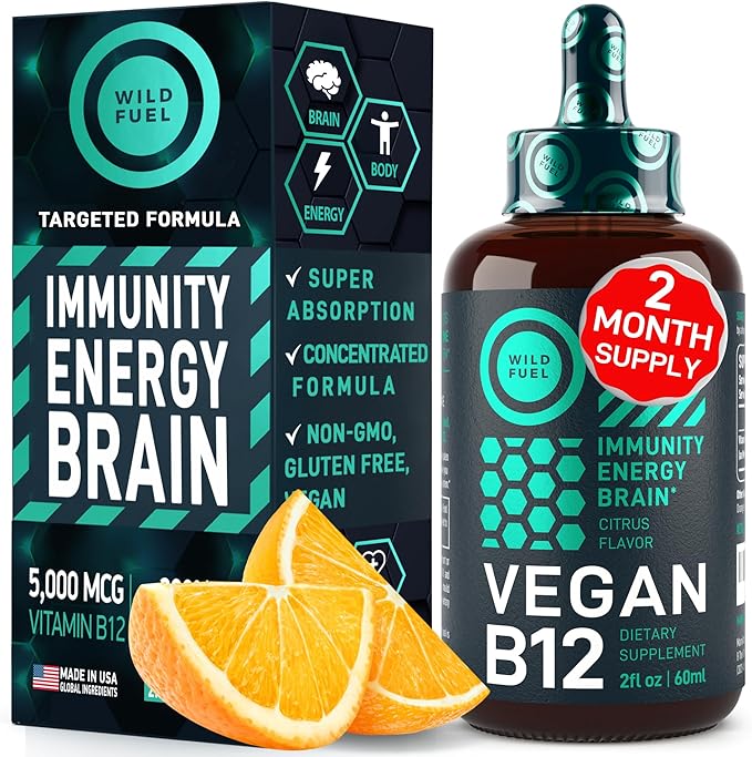 Vegan Vitamin B12 Liquid Drops - Fast-Acting 5000 mcg Methylcobalamin B12 Sublingual Supplement - Energy, Memory and Mood Support - High-Potency One-Dropper Per Day - Natural Citrus Flavor - 2oz