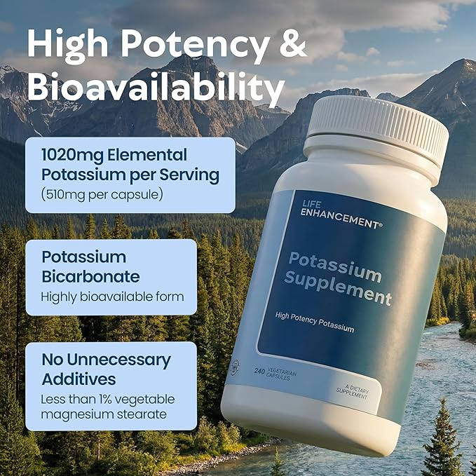Life Enhancement High Potency 1020 mg Potassium Supplement for Muscle, Brain & Bone Health - No Additives High Absorption Elemental Potassium Supplement, Made in USA (240 Capsules – 120 Servings)