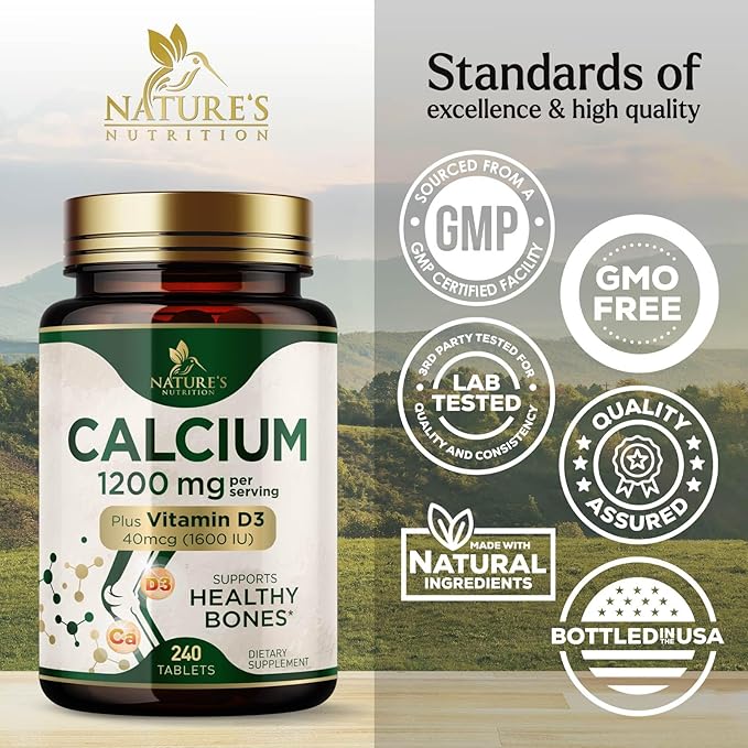 Calcium 1200 mg with Vitamin D3 Per Serving - Bone Health Supplement, Vitamin D & Calcium Supplements for Women & Men - Bone, Teeth & Immune Support, Nature's Calcium Pills, USA Bottled - 240 Tablets