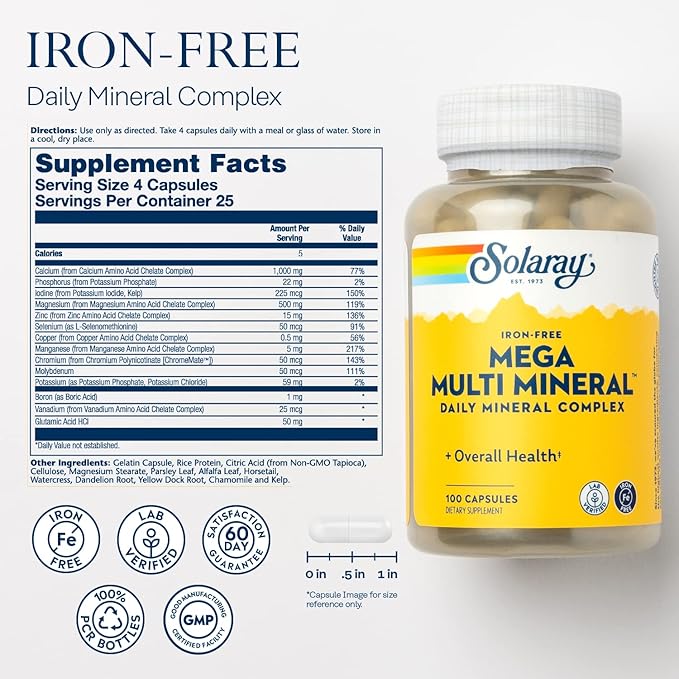 SOLARAY Mega Multi Mineral, Iron Free - Daily Mineral Supplement w/Trace Minerals, Electrolytes, Calcium, Magnesium, Zinc, Selenium, Boron - Cellular Energy, Immune Support, 60-Day Guarantee, 25 Serv