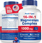 16 in 1 Magnesium Complex, 1000mg Magnesium Complex Supplement for Women with Magnesium Glycinate, Citrate, Orotate, L-Threonate, Malate, Third-Party Tested, Easy-Swallow Vegan Capsules