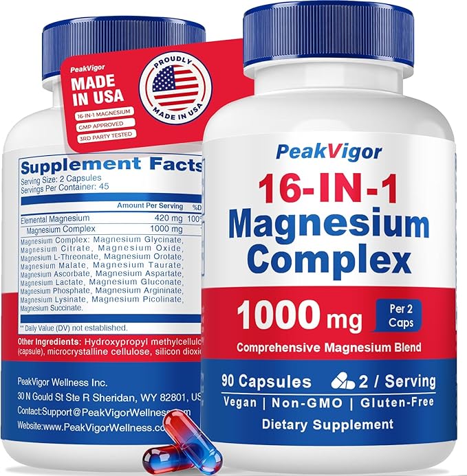 16 in 1 Magnesium Complex, 1000mg Magnesium Complex Supplement for Women with Magnesium Glycinate, Citrate, Orotate, L-Threonate, Malate, Third-Party Tested, Easy-Swallow Vegan Capsules