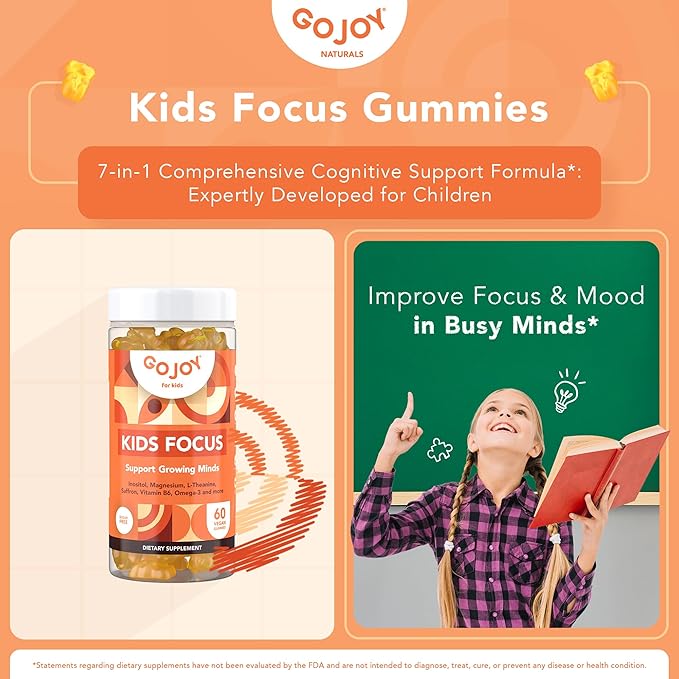 Kids Focus Gummies – Saffron, Magnesium Glycinate, L-Theanine & Inositol Supplement for Kids & Teens – Focus, Attention & Calm – Vegan, Sugar-Free, Non-GMO