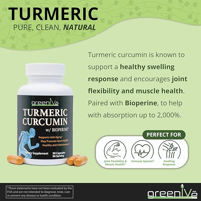 GreenIVe Turmeric Curcumin with BioPerine® 95% Curcuminoids 1500mg – 46X Higher Absorption Black Pepper Extract – 90 Vegetarian Capsules – Non-GMO, Made in USA