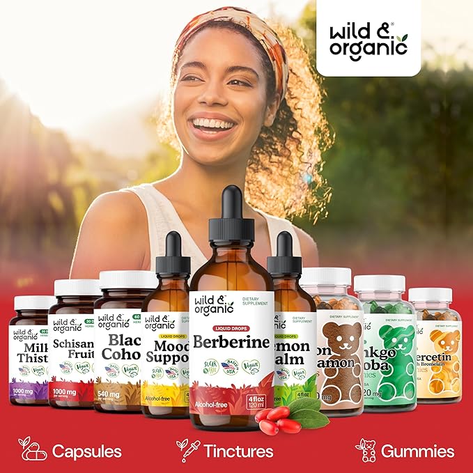 Wild & Organic Berberine Drops - Antioxidant Support - Liquid Berberine HCL 500mg - Add to Tea Supplement - Berberis Aristata Bark Extract - Pure, Vegan, Alcohol & Sugar-Free Tincture - 4 fl oz