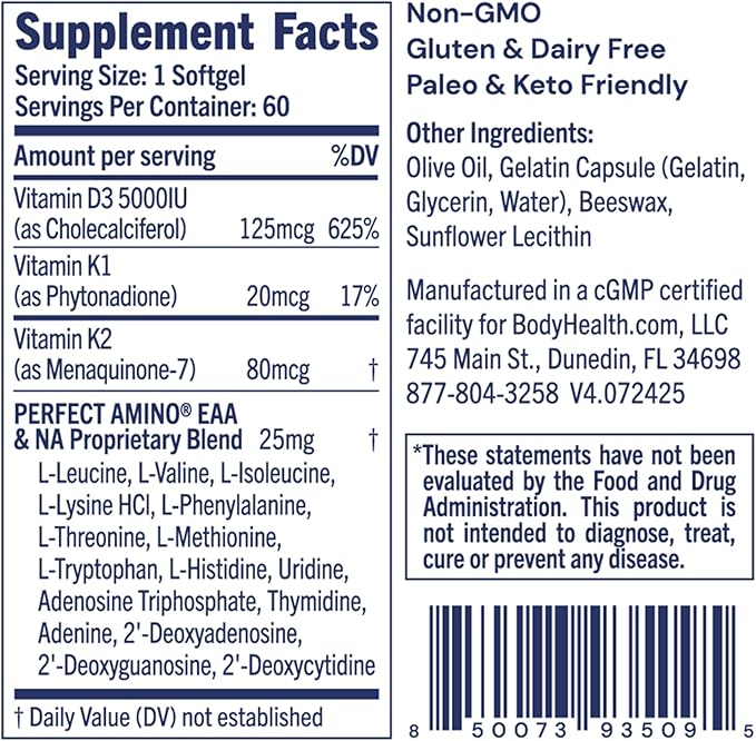 BodyHealth D3 + MK7 - Vitamin D3 5000IU, Vitamin K1, Vitamin K2 - Easy to Swallow Supplement, Supports Bone Strength & Calcium Absorbtion* - 60 Softgels