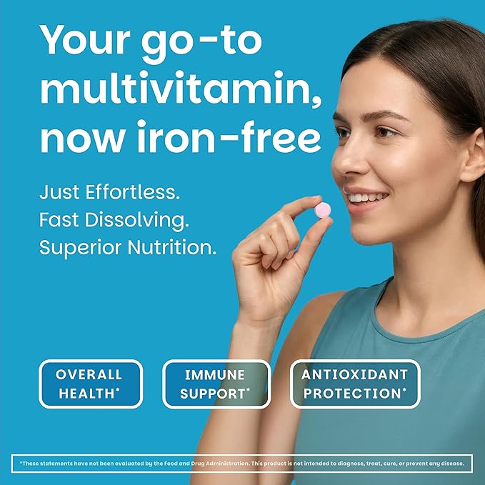 EZ Melts Multivitamin Without Iron - Daily Supplement with 18 Vitamins & Minerals - Contains Vitamin C, Folate, Biotin & More - Non-GMO & Vegan - Apple - 60 Dissolvable Tablets (30 Servings)