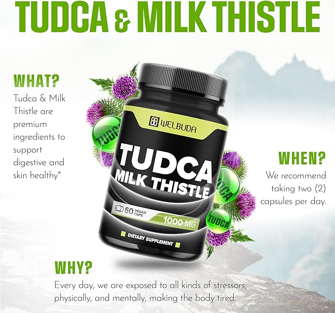 WELBUDA 1000mg Tudca Supplement with Milk Thistle Extract - 60 Vegan Capsules - Support for Immune System, Digestion Health, Body Purification & Brain Health