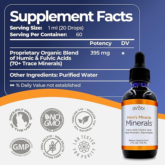 Mimi's Miracle Minerals Fulvic Acid Humic Acid - Trace Mineral Supplement, 70 Ionic Minerals - Organic Plant Derived Liquid (8 oz Refill, 240 Day Supply)