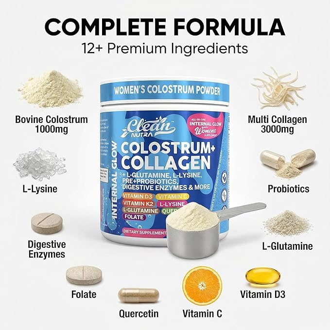 Bovine Colostrum Powder + Collagen Peptides with L-Glutamine L-Lysine Prebiotics Probiotics Digestive Enzymes Vitamin D K2 C Quercetin & Folate | Gut Health Supplement Internal Glow By Clean Nutra