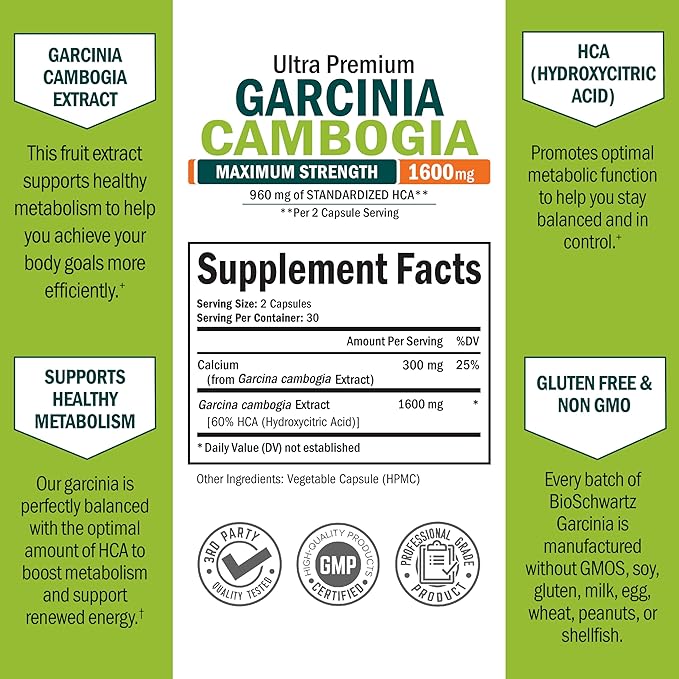 Garcinia Cambogia Weight Loss Pills - Maximum Strength Appetite Suppressant & Fat Burner for Men & Women - 1600mg Natural Extract & 960mg HCA - Metabolism Booster & Carb Blocker Capsules - 60Ct