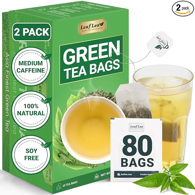 LeafLea 80 Premium Green Tea Bags, Pure Green Tea Leaves, Bright & Mild Flavor with Caffeine, Daily Wellness and Naturally Uplifting, Sugar-Free, Non-GMO, Vegan, Individually Wrapped (2 Pack)