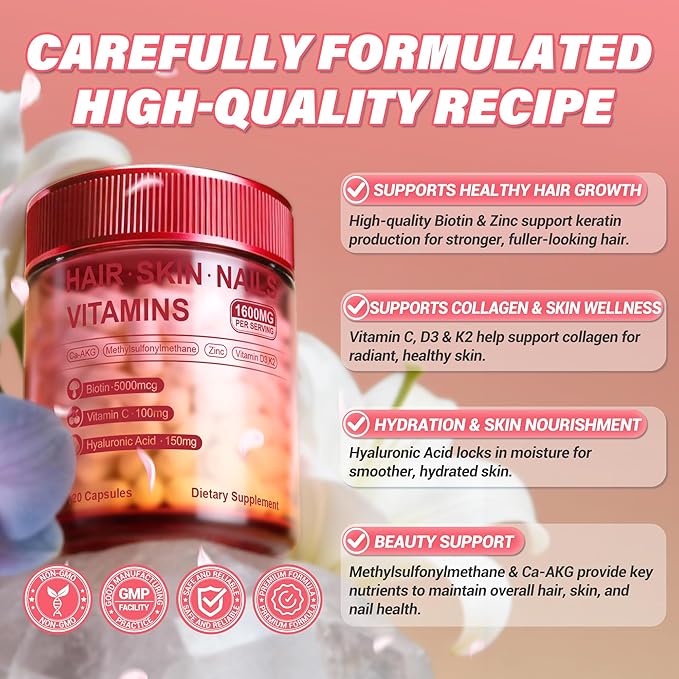 Hair Skin and Nails Vitamins – Biotin, Hyaluronic Acid, Calcium AKG, Vitamin C & Vitamin D3 K2 – Support Healthy Hair Growth, Strong Nails & Radiant Skin - 120 Capsules (1 Pack)