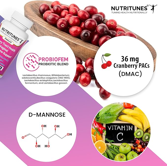 Femuni UTH Urinary Tract Health Supplement for Women – 36mg Cranberry PACs, D-Mannose, Probiotics & Vitamin C – Supports Urinary & Vaginal Health, pH Balance & Immune Support – 60 Capsules