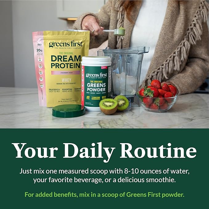 Greens First Dream Protein Powder Whey - 20g Protein per Serving - Hormone-Free with Prebiotics - Non-GMO - No Artificial Sweeteners/MSG/Aspartame - Strawberry Cream - 27.96 oz