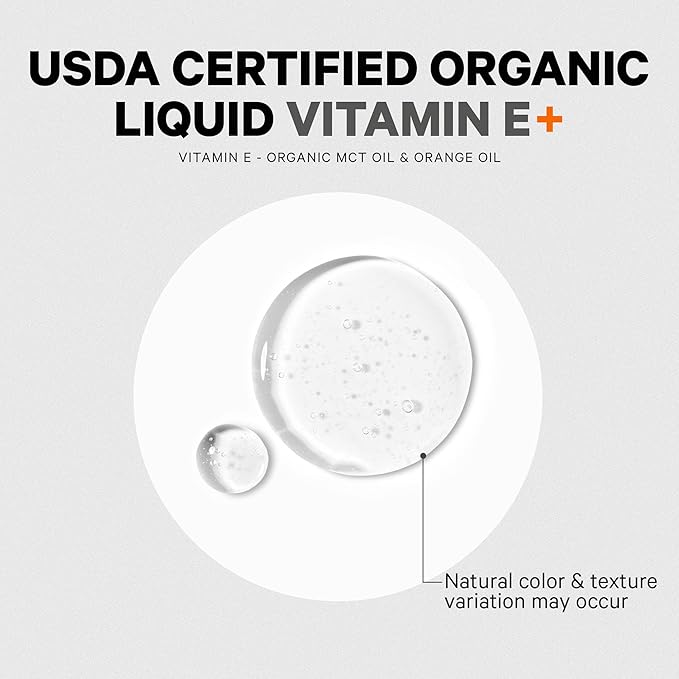 Codeage Liquid Vitamin E+ - USDA-Certified Organic Vitamin E - 2-Month Supply - D-Alpha Tocopherol Acetate, Organic MCT Oil, Orange Fruit Oil, Unflavored, Non-GMO, Vegan, Gluten-Free, 2 fl oz
