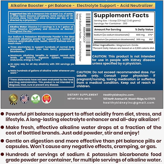 Sodium Bicarbonate Powder & Potassium Bicarbonate Powder pH Balance Supplement. Make Gallons of Alkaline Water Drops for Acid/Alkaline pH Balance, Stomach Immune Performance. Alkaline Drinking Water