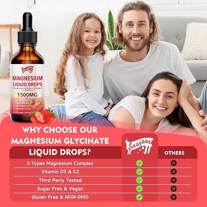 2 Pack Magnesium Glycinate Liquid Drops, 1500mg Magnesium Liquid Supplement with Vitamin B6, D3, L - Theanine, Omega3,Support Night, Muscle, Bone, Mood, Strawberry Flavor - 4 Fl Oz (120ml) Bottle