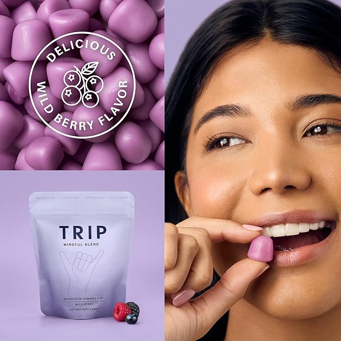 TRIP Magnesium Citrate Gummies Infused with L Theanine, Vegan, Sugar Free Magnesium Supplement for Adults, 180mg per Serving, On The Go Gummy, Wild Berry Flavor, 1 Bag - 60 Count