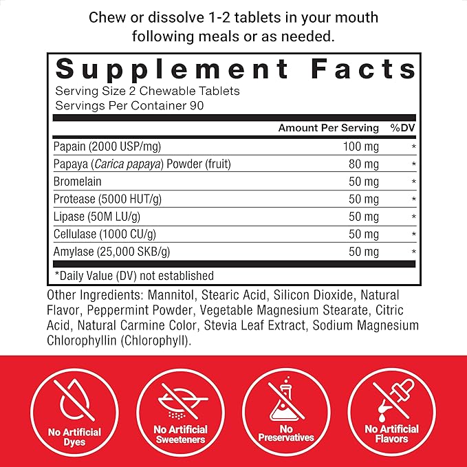Force Factor Papaya Enzymes Complex, Digestion Supplement and Bloating Relief with Amylase and Bromelain, Support Healthy Digestion, Sugar Free, Non-GMO, Tropical Fruit Flavor, 180 Chewable Tablets
