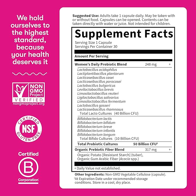 Garden of Life Once Daily Dr. Formulated Probiotics for Women 50 Billion CFU 16 Probiotic Strains with Organic Prebiotics for Digestive, Vaginal & Immune Health, Dairy Free, Shelf Stable 30 Capsules