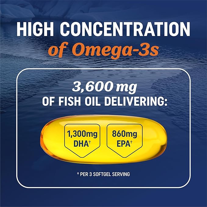 Triple Strength DHA Omega 3 Fish Oil 3600 mg | Over 2100mg Omega-3 Fatty Acids with 860mg of DHA | 1300mg EPA | Best Essential Fatty Acids | Premium Wild Caught & Burpless Fish Oil | 120 ct.