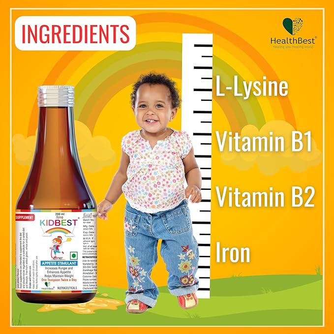 HealthBest Kidbest Appetite Booster for Kids 3-13 Yrs with L-Lysine & B Vitamins Syrup, Helps Healthy Weight Gain, Pineapple Flavor, Increases Hunger, Appetite Stimulant, 200ml