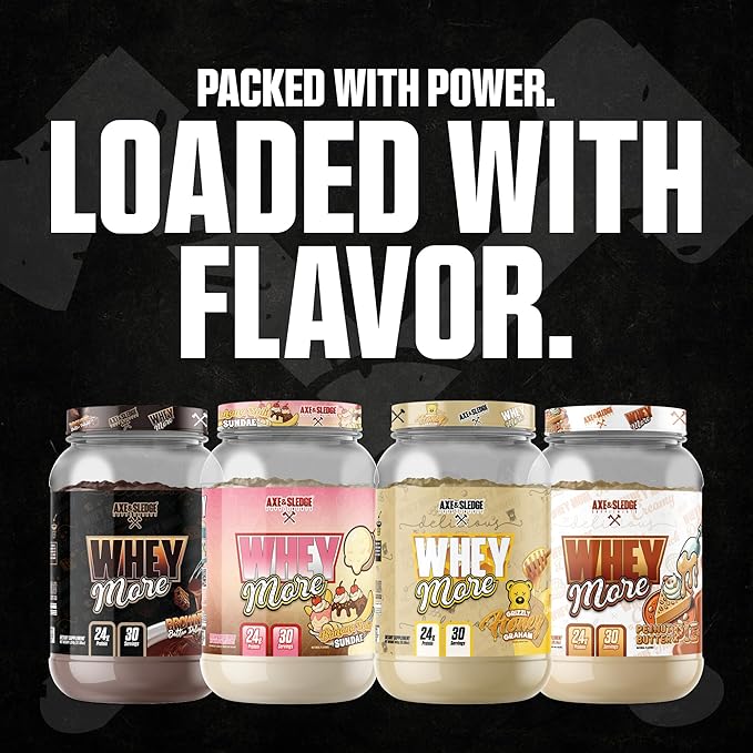 Axe & Sledge WHEY More Premium Protein Blend | 24g Protein, Whey Concentrate & Isolate | Prebiotic Fiber for Enhanced Absorption | Creamy, Delicious, Versatile | 30 Servings, Brownie Batter