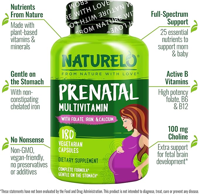 NATURELO Prenatal Multivitamin with Gentle Chelated Iron, Methyl Folate, Plant Calcium & Choline - Vegan, Vegetarian - Non-GMO - Gluten Free - 180 Capsules - 2 Month Supply