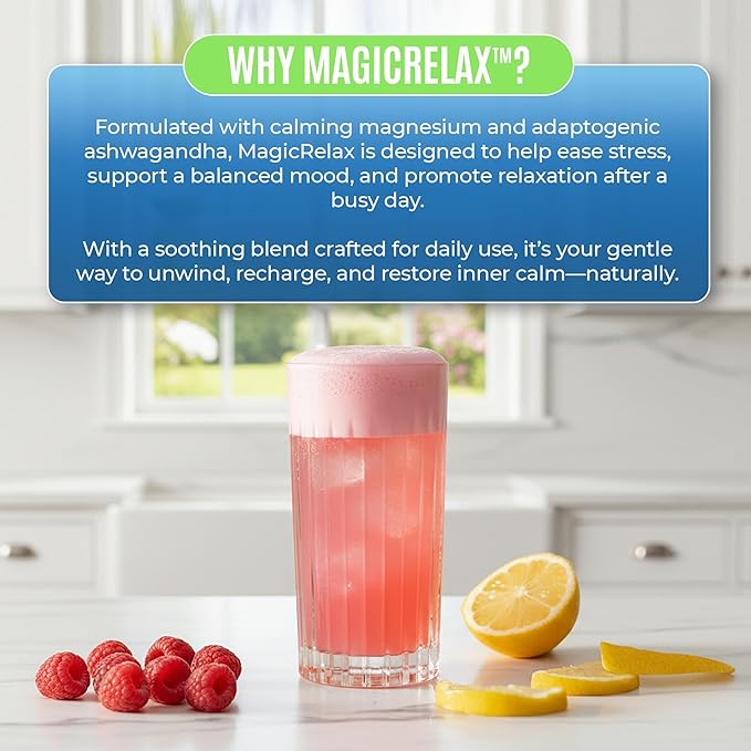MAGICRELAX Supercalm 8-in-1 Chelated Magnesium Powder Drink Mix,KSM-66 Ashwagandha, Saffron, GABA, L-Theanine, Vitamin D3,Supports Stress Healthy Cortisol, Mood & Sleep, Zero Sugar Raspberry Lemonade