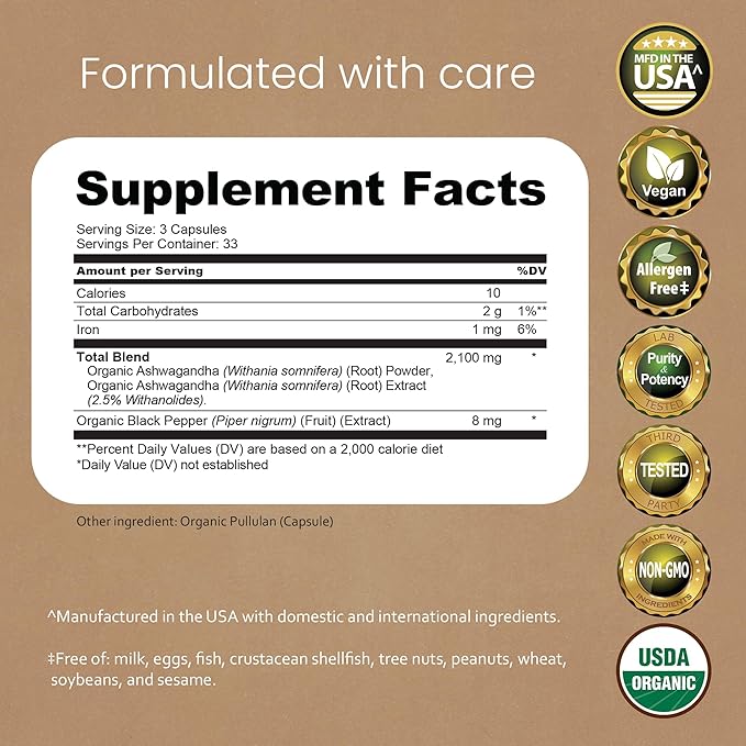 NaturaLife Labs Organic Ashwagandha 2100 mg per Serving – Full Spectrum Root Powder and Standardized Extract (Withanolides) – 100 Capsules – Vegan – Non-GMO, Gluten-Free (2 Pack)