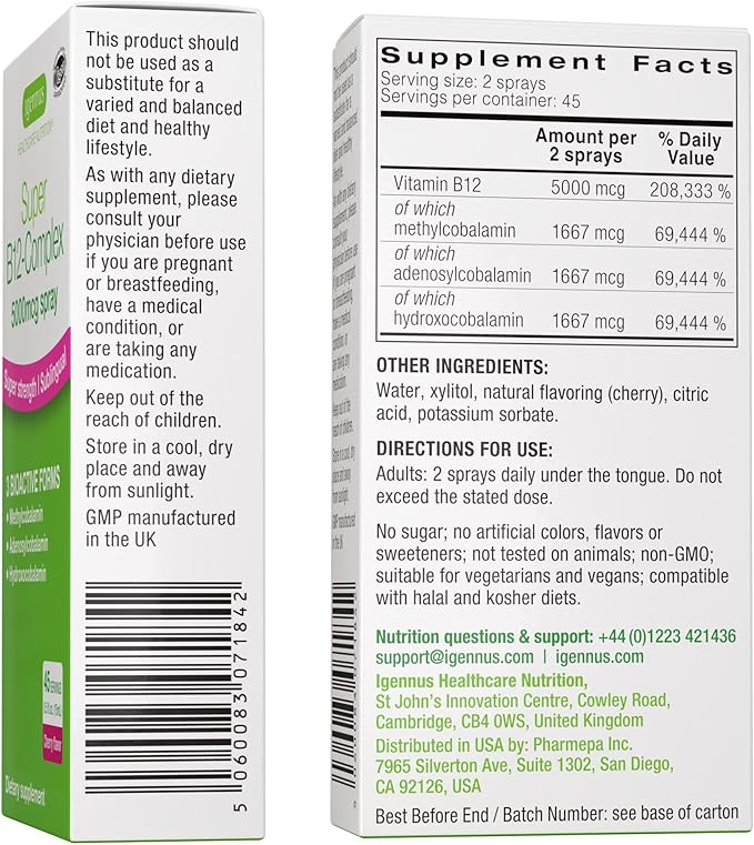 Igennus Triple Vitamin B12 Complex 5000mcg, Liquid Sublingual Spray, 45 Servings, Methylated Methylcobalamin, Adenosylcobalamin & Hydroxocobalamin, High Strength & Clean, Natural Cherry Flavor, Vegan