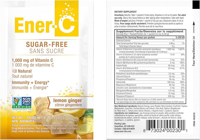 Ener-C Sugar Free Multivitamin Drink Mix - Vitamin Powder for Water, Electrolytes Powder No Sugar, Hydration Boost Packets, Zero Sugar, Vitamin C & B12 Supplement Liquid Mix - Lemon Ginger, 60 Count